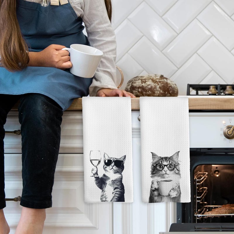 Mcehtle Funny Cat Kitchen Towels Set of 2, Funny Kitchen Decor, Coffee Station Wine Bar Decor, Black and White Cat Owner Gift Hand Towel, Dining Room Decorative Tea Towel Dish Towels 16x24 Inch - Image 3